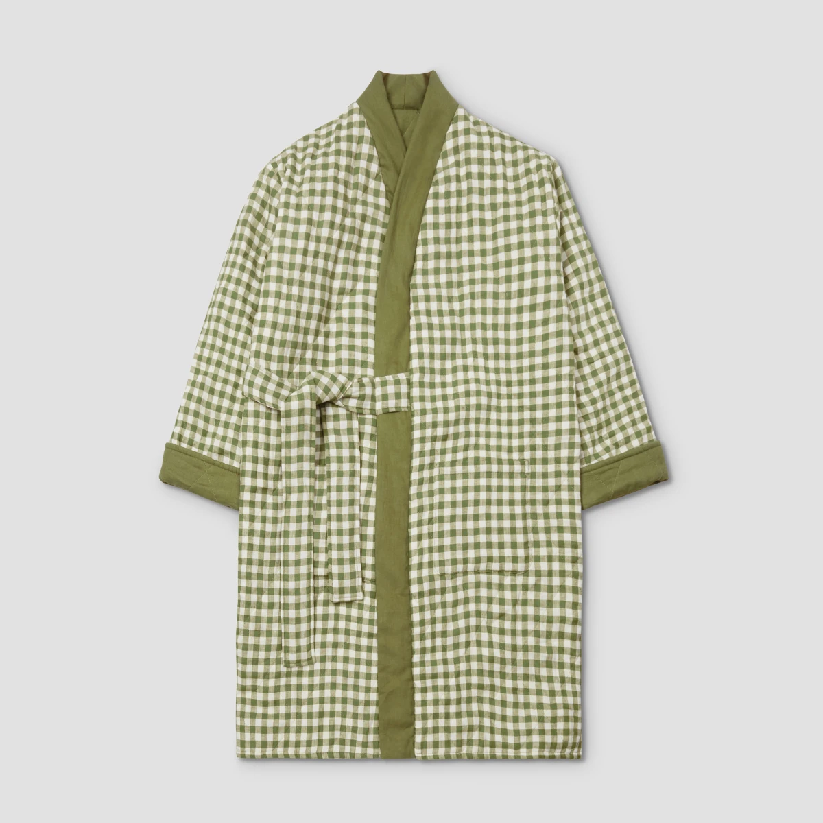 Botanical Green Gingham Linen Housecoat 4 Botanical Green Gingham Linen Housecoat - Image 2