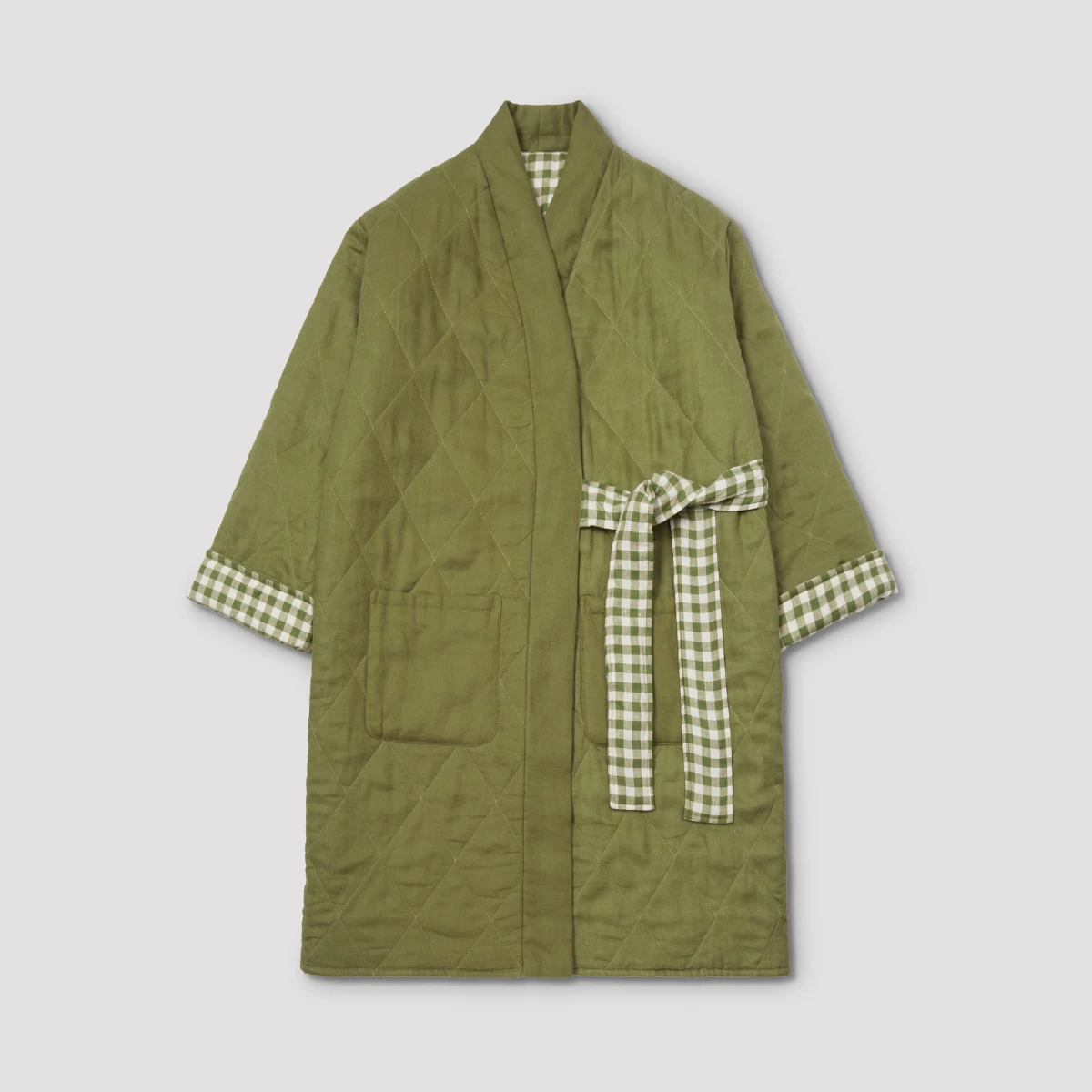 Botanical Green Gingham Linen Housecoat 5 Botanical Green Gingham Linen Housecoat - Image 3