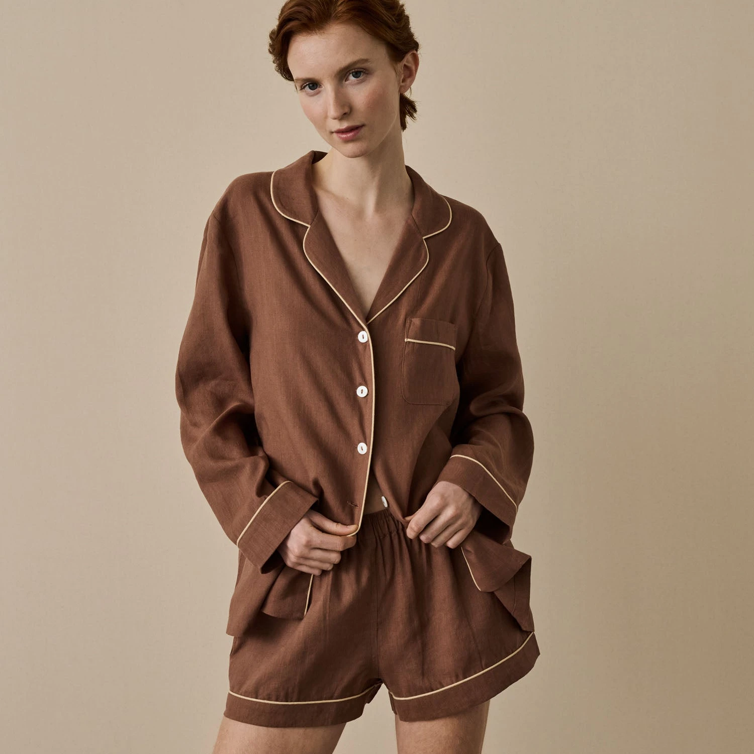 Barley Brown Linen Tencel Pyjama Shorts Set 3 Barley Brown Linen Tencel Pyjama Shorts Set