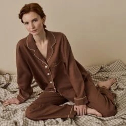 Barley Brown Linen Tencel Pyjama Trouser Set