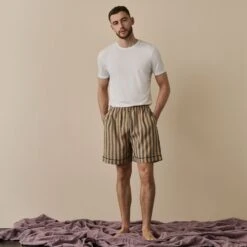 Blue & Porcini Striped Linen Tencel Men's PJ Shorts