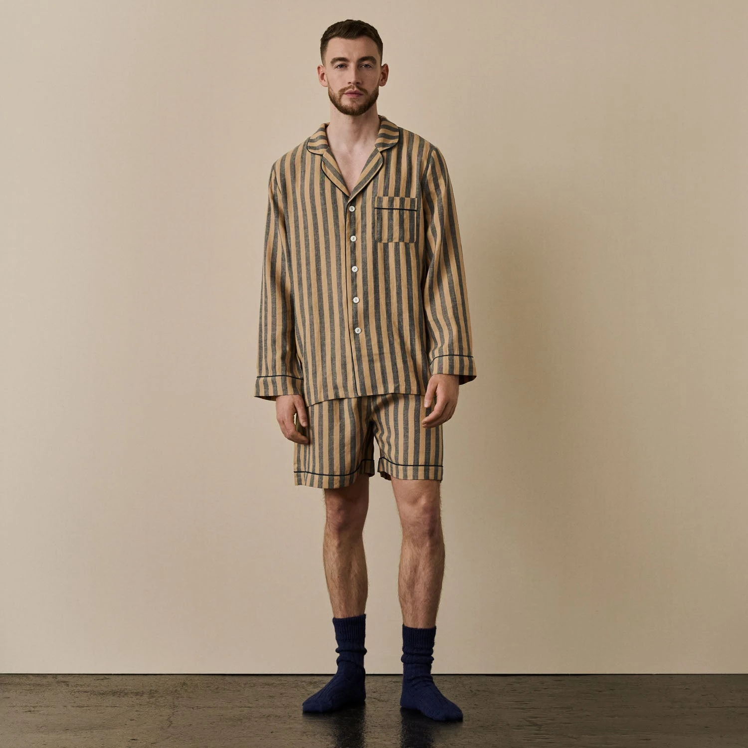 Blue & Porcini Striped Linen Tencel Men's PJ Short Set 4 Blue & Porcini Striped Linen Tencel Men's PJ Short Set - Image 2