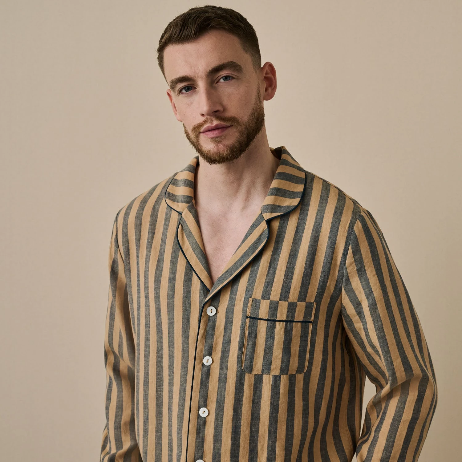 Blue & Porcini Striped Linen Tencel Men's PJ Shirt 3 Blue & Porcini Striped Linen Tencel Men's PJ Shirt