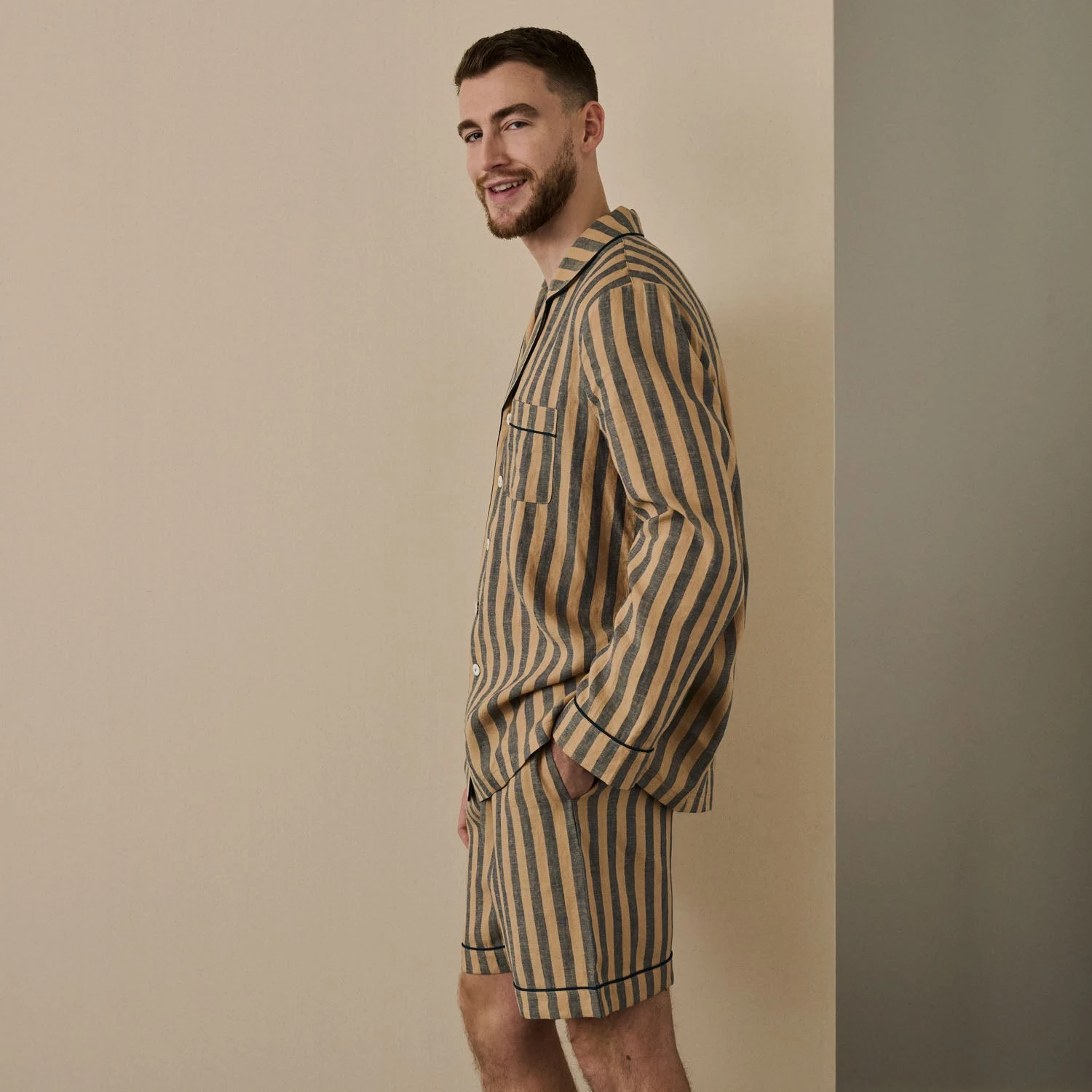 Blue & Porcini Striped Linen Tencel Men's PJ Short Set 3 Blue & Porcini Striped Linen Tencel Men's PJ Short Set