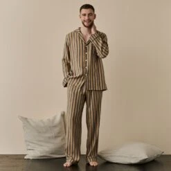 Blue & Porcini Striped Linen Tencel Men's PJ Trouser Set