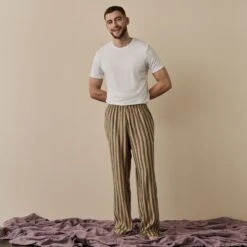 Blue & Porcini Striped Linen Tencel Men's PJ Trousers