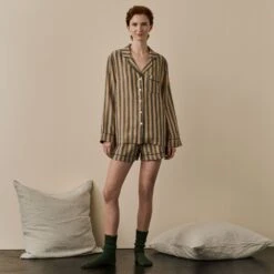 Blue & Porcini Striped Linen Tencel Women's PJ Shirt -Home Luxury Store BlueandPorciniStripeLinenTencilWomen sPyjamaShortsSet 3552