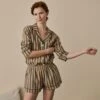 Blue & Porcini Striped Linen Tencel Women's PJ Shorts -Home Luxury Store BlueandPorciniStripeLinenTencilWomen sPyjamaShortsSet 3634