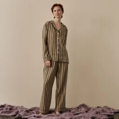 Blue & Porcini Striped Linen Tencel Women's PJ Trouser Set