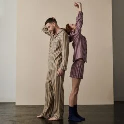 Blue & Porcini Striped Linen Tencel Men's PJ Trouser Set -Home Luxury Store Campaignimagery1 9772