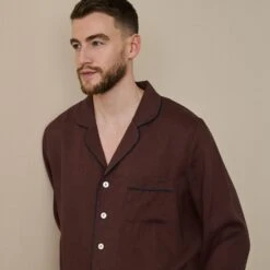 Men's Conker Brown Linen Tencel Pyjama Shirt