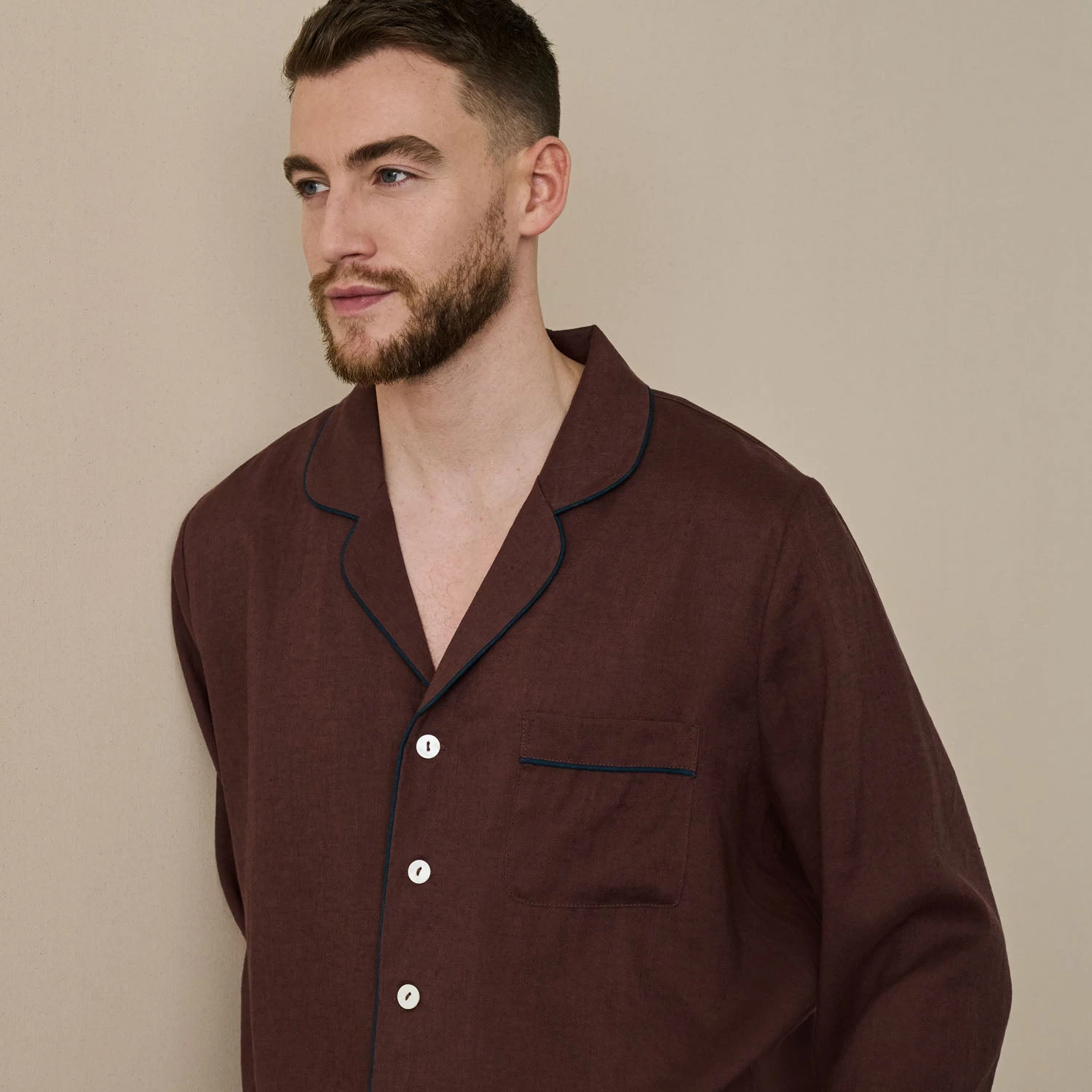 Men's Conker Brown Linen Tencel Pyjama Shirt 3 Men's Conker Brown Linen Tencel Pyjama Shirt
