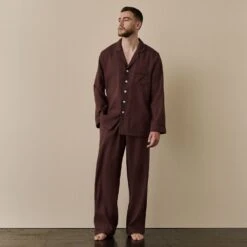 Men's Conker Brown Linen Tencel Pyjama Trouser Set
