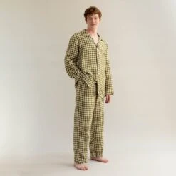 Men's Botanical Green Gingham Linen Pyjama Trouser Set