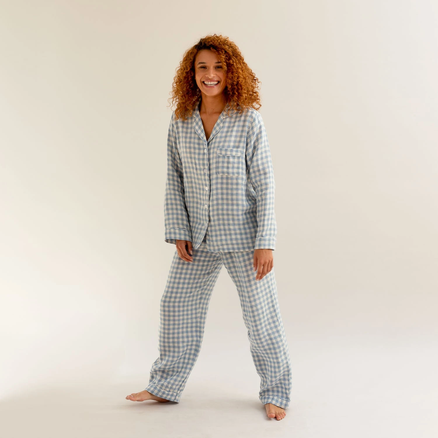 Warm Blue Gingham Linen Pyjama Trouser Set 3 Warm Blue Gingham Linen Pyjama Trouser Set