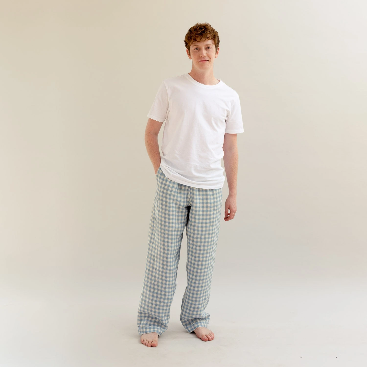 Men's Warm Blue Gingham Linen Pyjama Trousers 6 Men's Warm Blue Gingham Linen Pyjama Trousers - Image 4