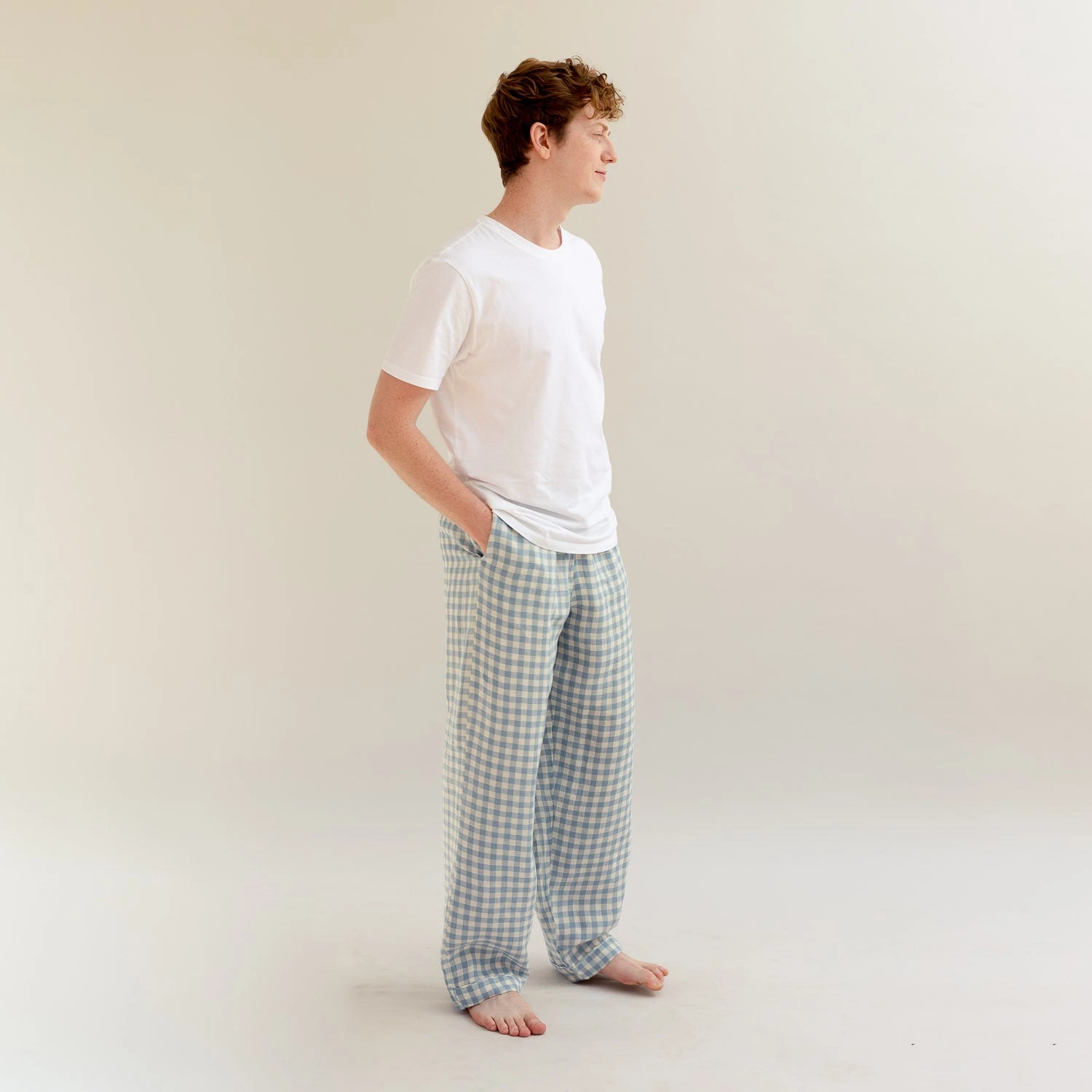 Men's Warm Blue Gingham Linen Pyjama Trousers 3 Men's Warm Blue Gingham Linen Pyjama Trousers
