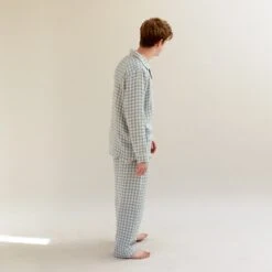 Men's Warm Blue Gingham Linen Pyjama Trouser Set 9 Men's Warm Blue Gingham Linen Pyjama Trouser Set -Home Luxury Store EG PIGLET ECOMM LOWRES 1202