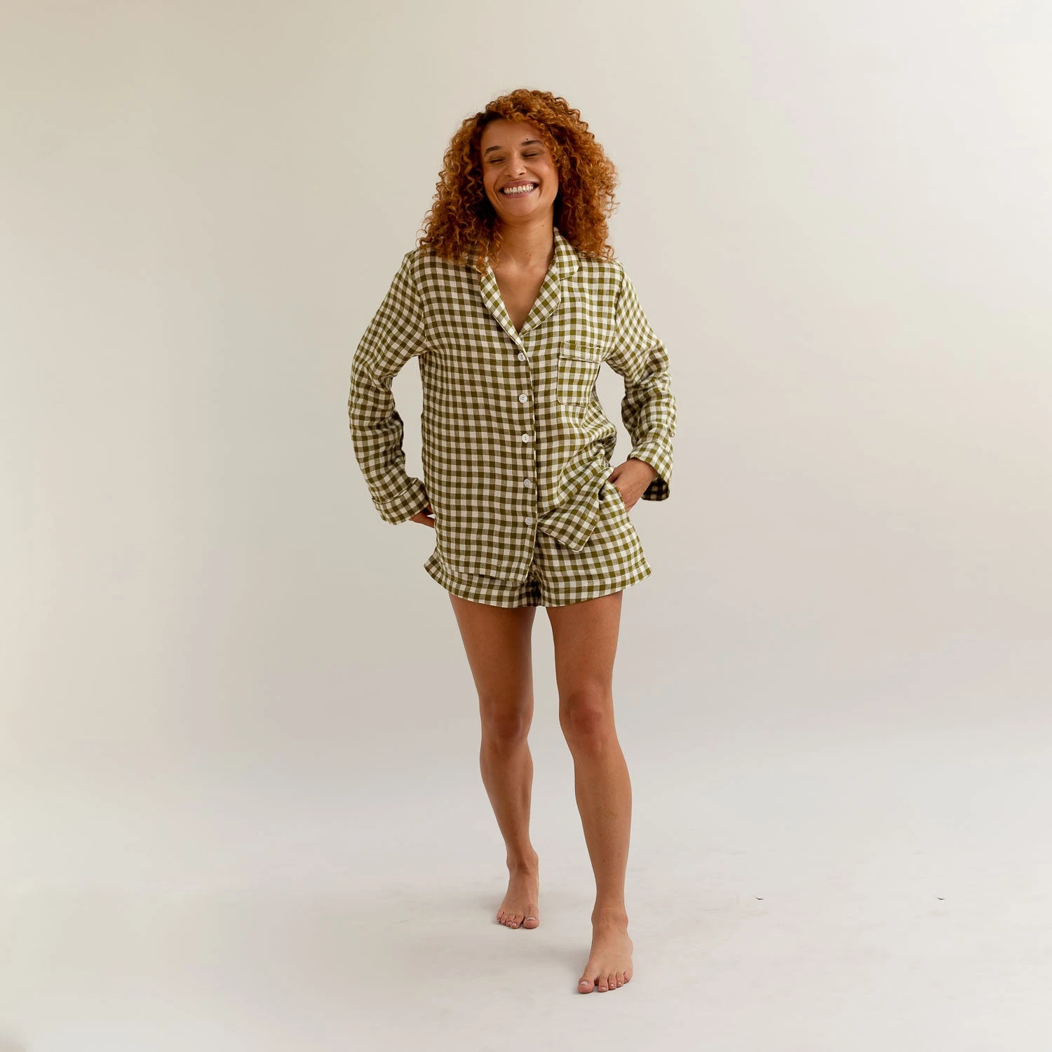 Botanical Green Gingham Linen Pyjama Shorts 6 Botanical Green Gingham Linen Pyjama Shorts - Image 4