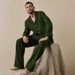 Men's Fern Green Linen Tencel Pyjama Trouser Set