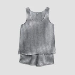 Midnight Stripe Cami Pyjama Set -Home Luxury Store Linen Pyjama Cami Set Midnight Piglet in Bed 4