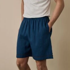 Marine Blue Linen Tencel Men's Pyjama Shorts -Home Luxury Store MarineBlueLinenTencilMen sPyjamaShorts 7889