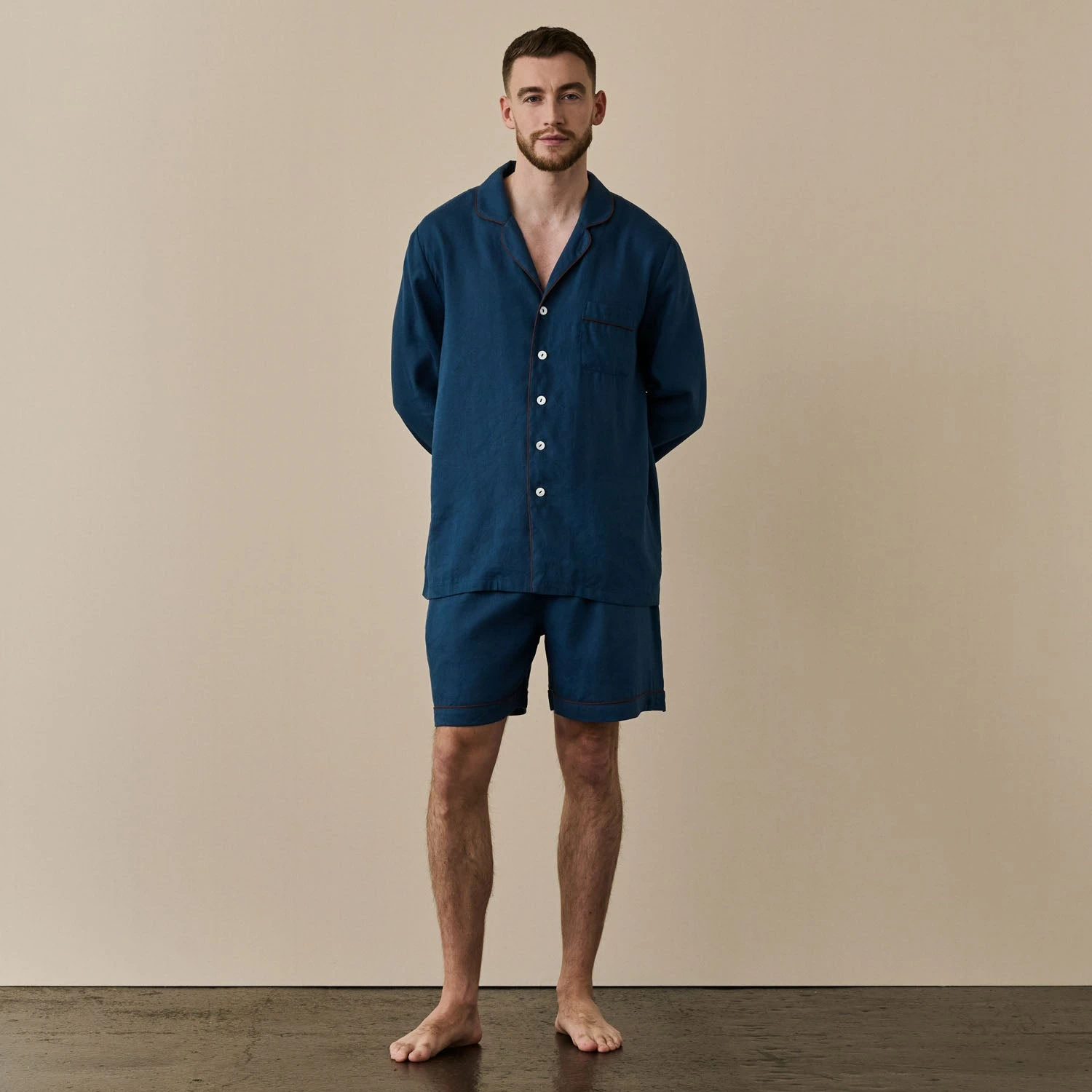 Marine Blue Linen Tencel Men's Pyjama Short Set 4 Marine Blue Linen Tencel Men's Pyjama Short Set - Image 2