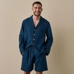 Marine Blue Linen Tencel Men's Pyjama Short Set