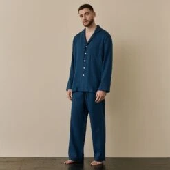 Marine Blue Linen Tencel Men's Pyjama Trouser Set -Home Luxury Store MarineBlueLinenTencilMen sPyjamaTrouserSet 4064