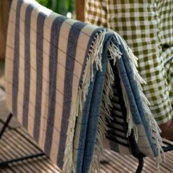 Warm Blue Checked Stripe Wool Blanket 12 Warm Blue Checked Stripe Wool Blanket -Home Luxury Store Piglet in Bed Checked Stripe Wool Blanket Warm Blue Lifestyle 3