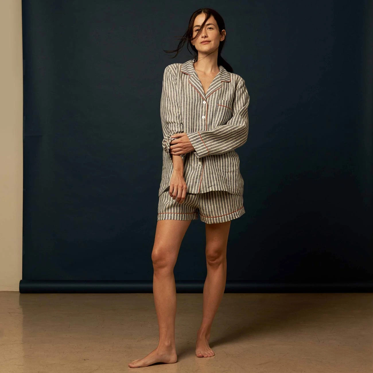 Midnight Stripe Linen Pyjama Shorts Set 4 Midnight Stripe Linen Pyjama Shorts Set - Image 2