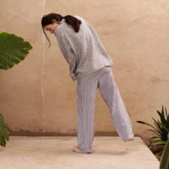 Midnight Stripe Linen Pyjama Trouser Set 13 Midnight Stripe Linen Pyjama Trouser Set -Home Luxury Store Piglet in Bed Linen Pyjama Trouser Set Midnight Stripe 2