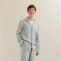 Men's Warm Blue Gingham Linen Pyjama Shirt
