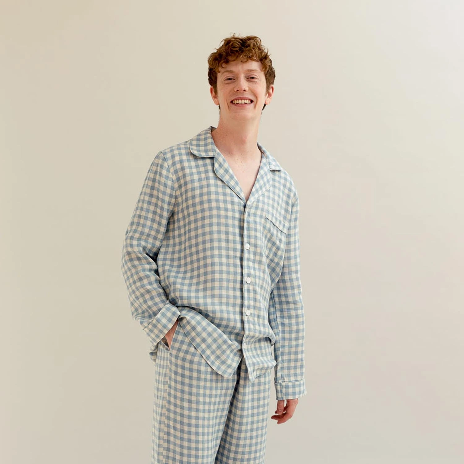 Men's Warm Blue Gingham Linen Pyjama Shirt 3 Men's Warm Blue Gingham Linen Pyjama Shirt