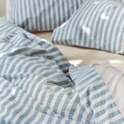 Warm Blue Seersucker Stripe Cotton Duvet Cover -Home Luxury Store Piglet in Bed Seersucker Stripe Bedding Warm Blue 4