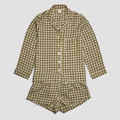 Botanical Green Gingham Linen Pyjama Shorts Set -Home Luxury Store PigletinBed GinghamShortsSet BotanicGreen 1 greyBG