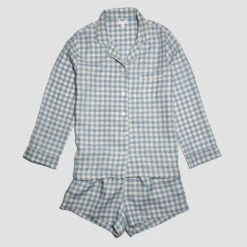 Warm Blue Gingham Linen Pyjama Shorts Set -Home Luxury Store PigletinBed GinhamShortsSet WarmBlue 1 greyBG