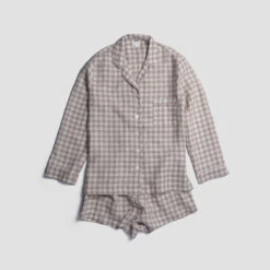 Mushroom Gingham Pyjama Shorts Set -Home Luxury Store PigletinBed Women sLinenPyjamaShortsSet MushroomGingham 1 greyBG