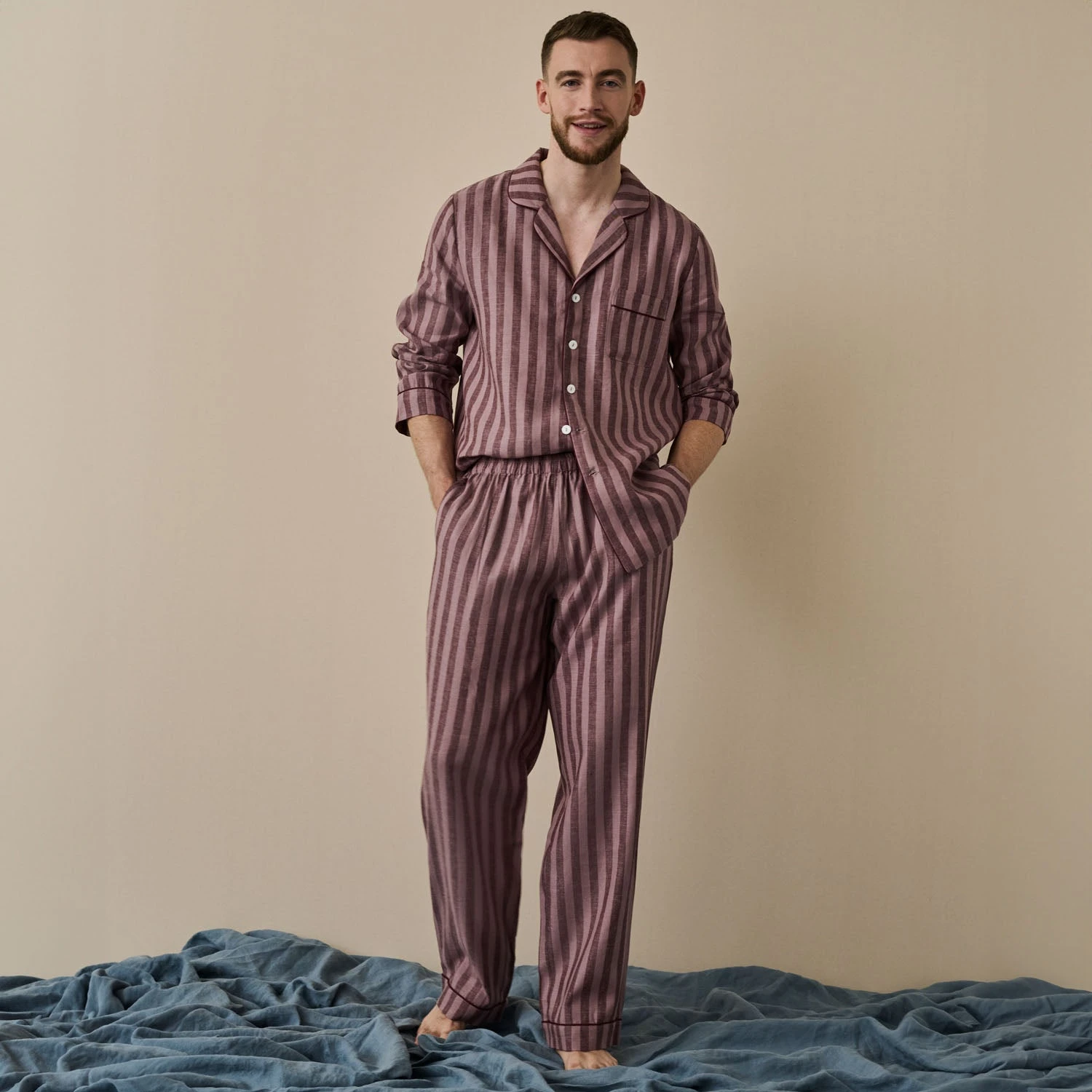 Port & Woodrose Striped Linen Tencel Men's PJ Trouser Set 3 Port & Woodrose Striped Linen Tencel Men's PJ Trouser Set