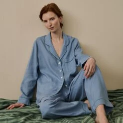 Wave Blue Linen Tencel Women's Pyjama Trouser Set